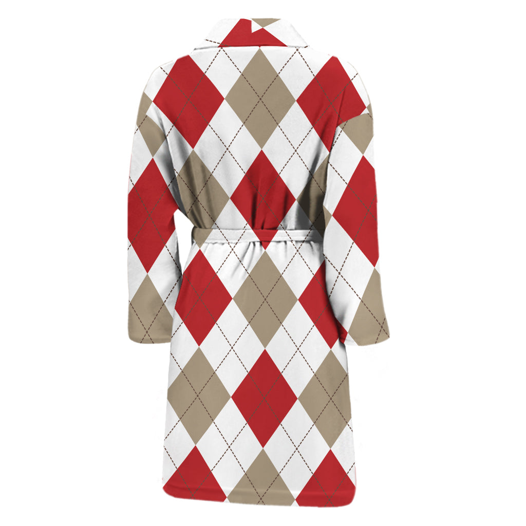 White Red And Beige Argyle Pattern Print Men's Bathrobe