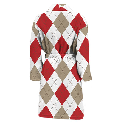 White Red And Beige Argyle Pattern Print Men's Bathrobe