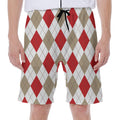 White Red And Beige Argyle Pattern Print Men's Beach Shorts