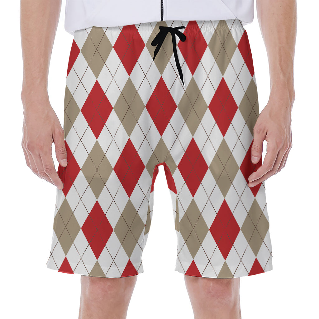 White Red And Beige Argyle Pattern Print Men's Beach Shorts