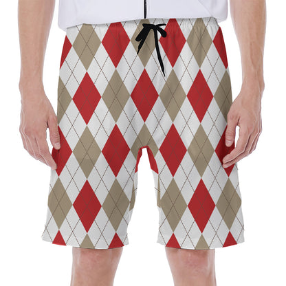 White Red And Beige Argyle Pattern Print Men's Beach Shorts