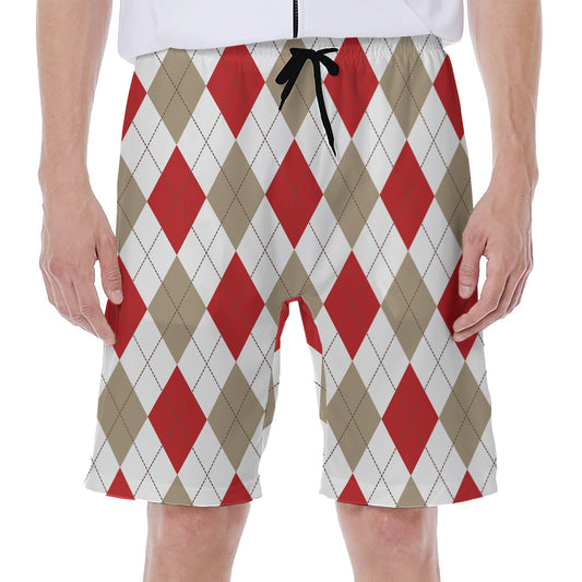 White Red And Beige Argyle Pattern Print Men's Beach Shorts