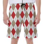 White Red And Beige Argyle Pattern Print Men's Beach Shorts