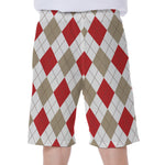White Red And Beige Argyle Pattern Print Men's Beach Shorts