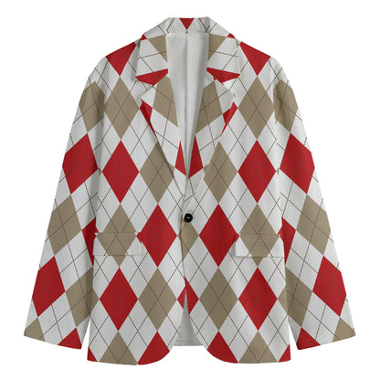 White Red And Beige Argyle Pattern Print Men's Blazer