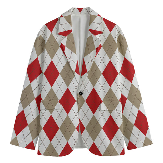 White Red And Beige Argyle Pattern Print Men's Blazer