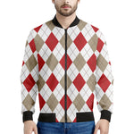 White Red And Beige Argyle Pattern Print Men's Bomber Jacket