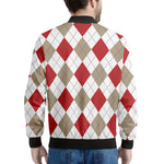 White Red And Beige Argyle Pattern Print Men's Bomber Jacket