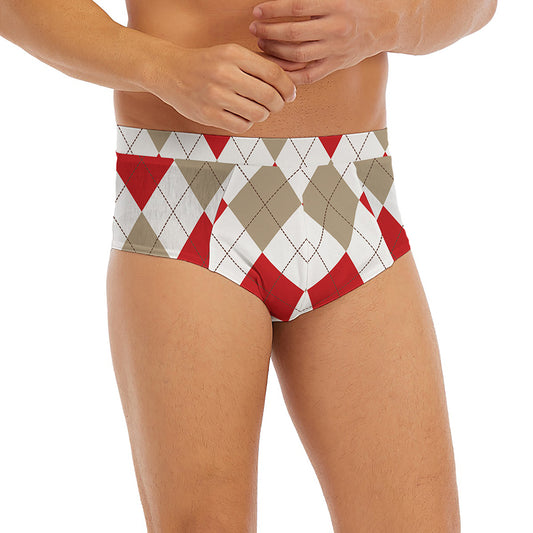 White Red And Beige Argyle Pattern Print Men's Briefs