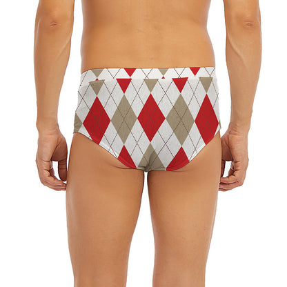 White Red And Beige Argyle Pattern Print Men's Briefs