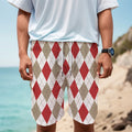 White Red And Beige Argyle Pattern Print Men's Cargo Shorts