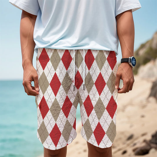 White Red And Beige Argyle Pattern Print Men's Cargo Shorts