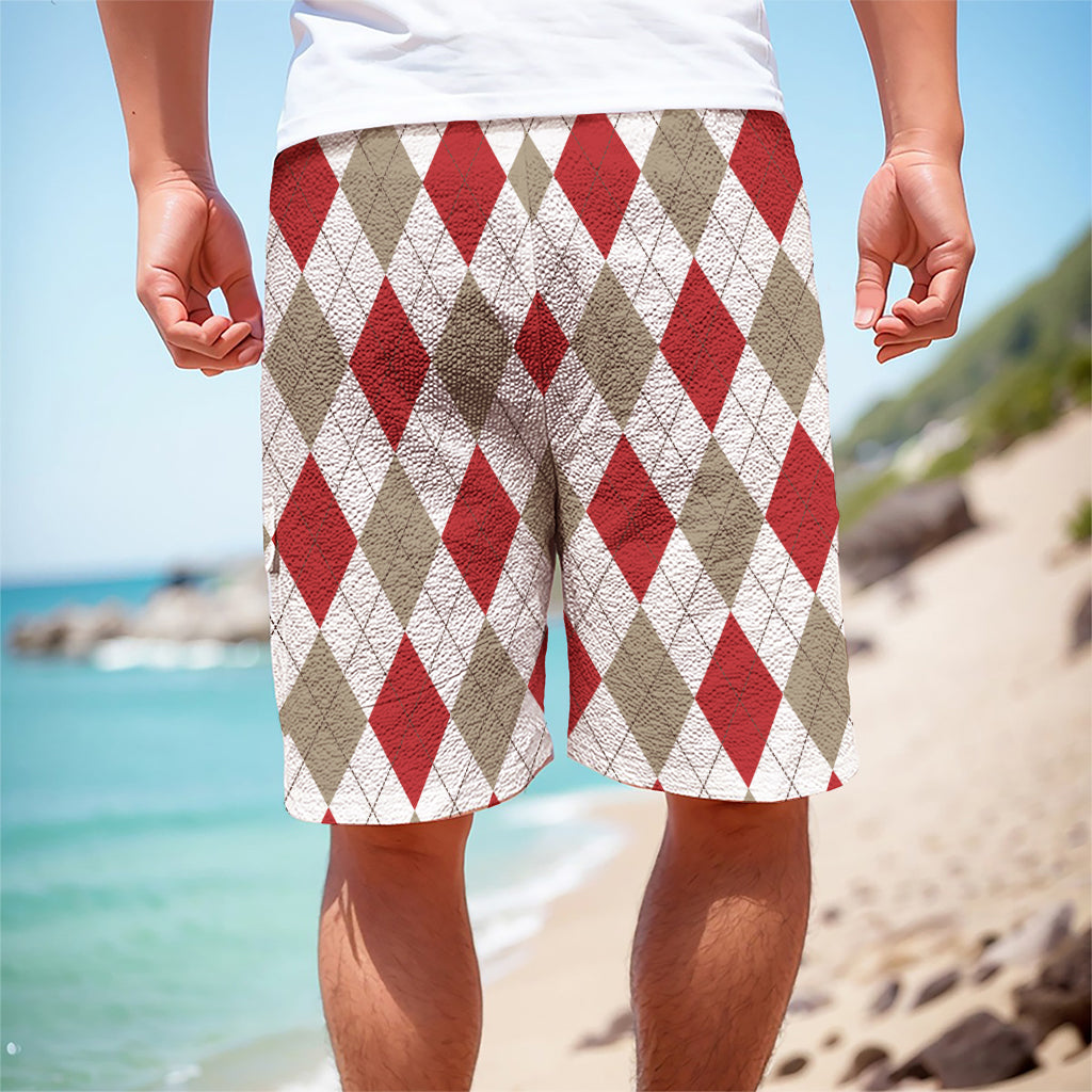 White Red And Beige Argyle Pattern Print Men's Cargo Shorts
