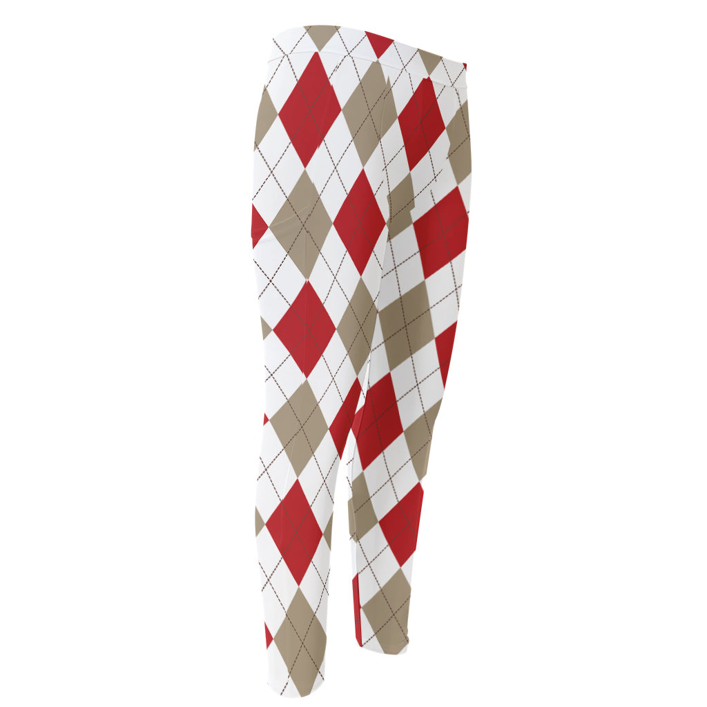 White Red And Beige Argyle Pattern Print Men's Compression Pants