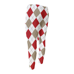 White Red And Beige Argyle Pattern Print Men's Compression Pants