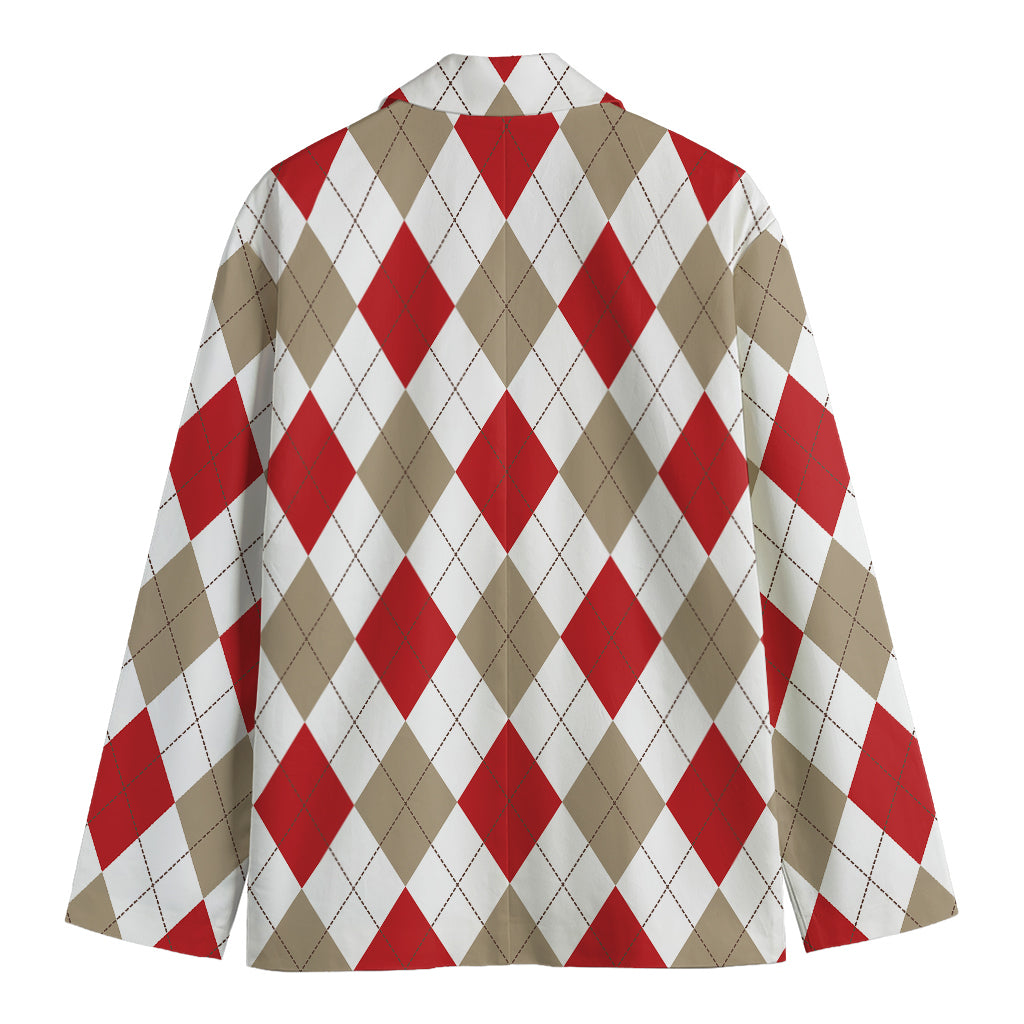 White Red And Beige Argyle Pattern Print Men's Cotton Blazer