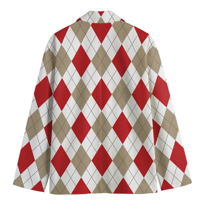 White Red And Beige Argyle Pattern Print Men's Cotton Blazer