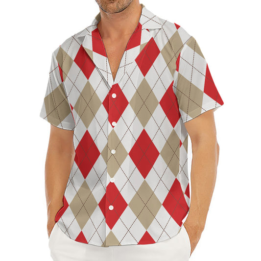 White Red And Beige Argyle Pattern Print Men's Deep V-Neck Shirt