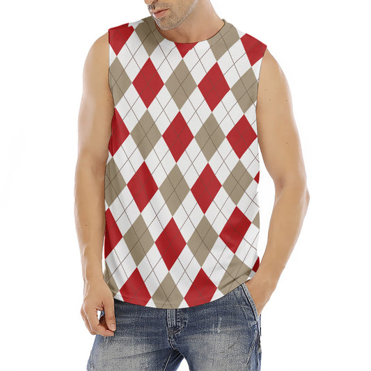 White Red And Beige Argyle Pattern Print Men's Fitness Tank Top