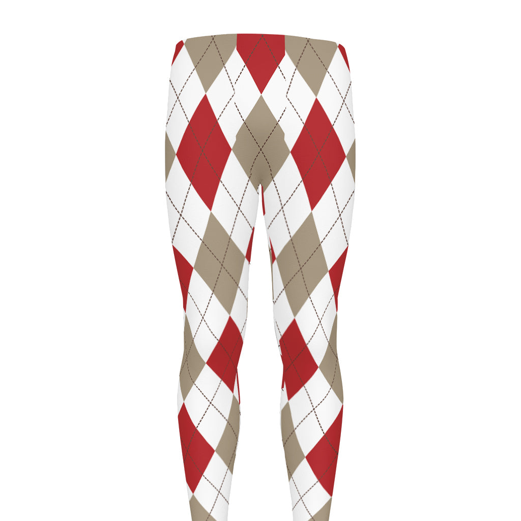 White Red And Beige Argyle Pattern Print Men's leggings