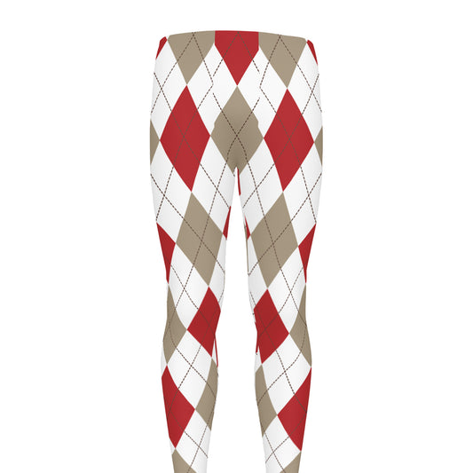 White Red And Beige Argyle Pattern Print Men's leggings