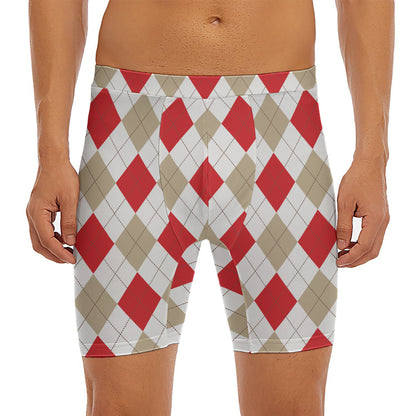 White Red And Beige Argyle Pattern Print Men's Long Boxer Briefs