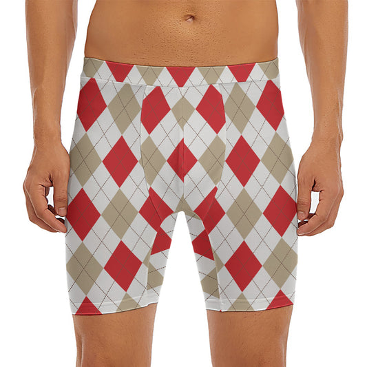 White Red And Beige Argyle Pattern Print Men's Long Boxer Briefs