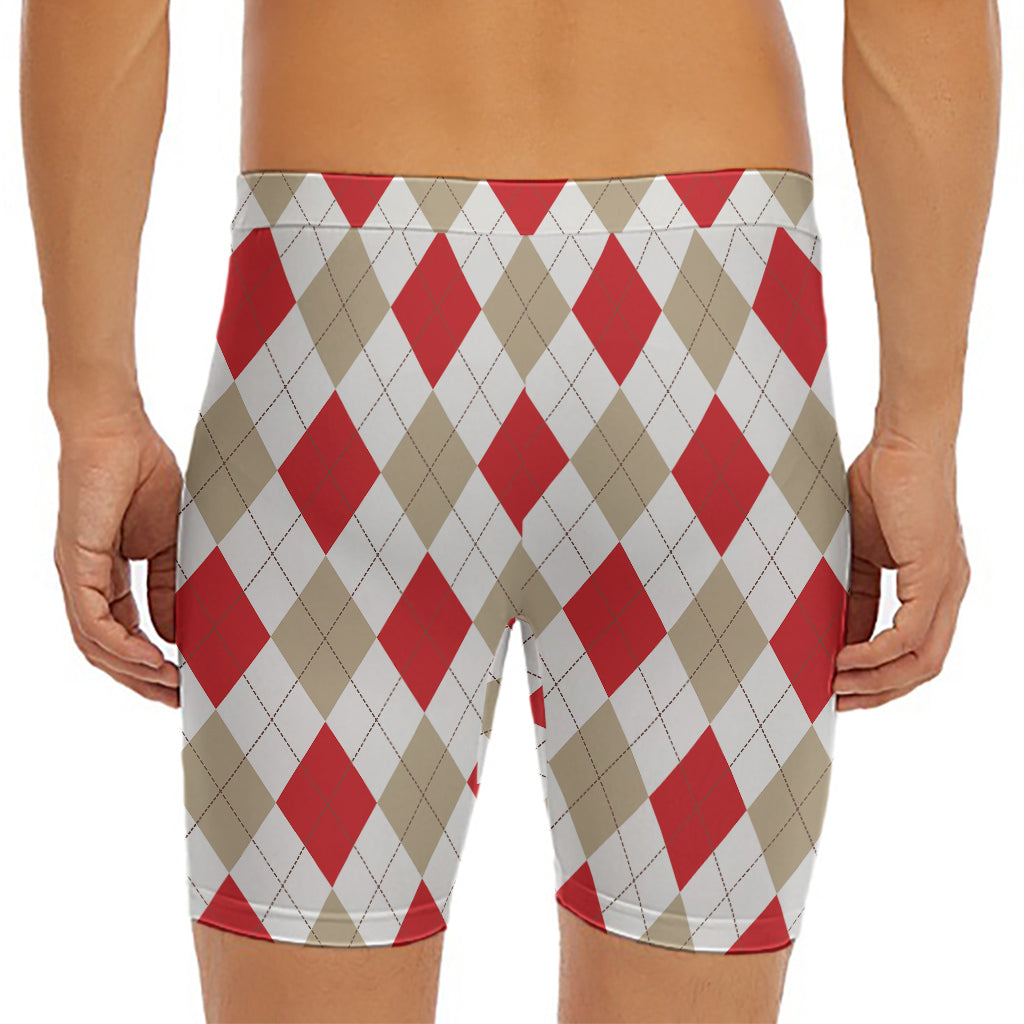 White Red And Beige Argyle Pattern Print Men's Long Boxer Briefs