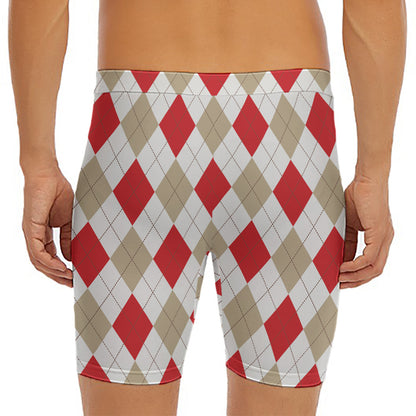 White Red And Beige Argyle Pattern Print Men's Long Boxer Briefs
