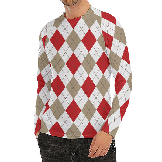 White Red And Beige Argyle Pattern Print Men's Long Sleeve Rash Guard