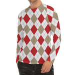 White Red And Beige Argyle Pattern Print Men's Long Sleeve Rash Guard