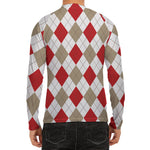 White Red And Beige Argyle Pattern Print Men's Long Sleeve Rash Guard