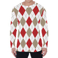 White Red And Beige Argyle Pattern Print Men's Long Sleeve T-Shirt