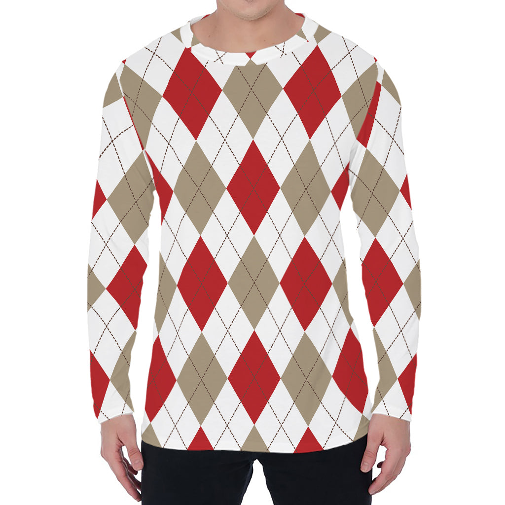 White Red And Beige Argyle Pattern Print Men's Long Sleeve T-Shirt