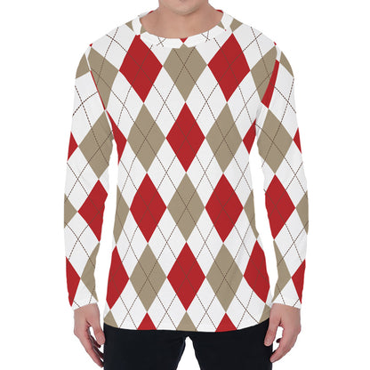 White Red And Beige Argyle Pattern Print Men's Long Sleeve T-Shirt