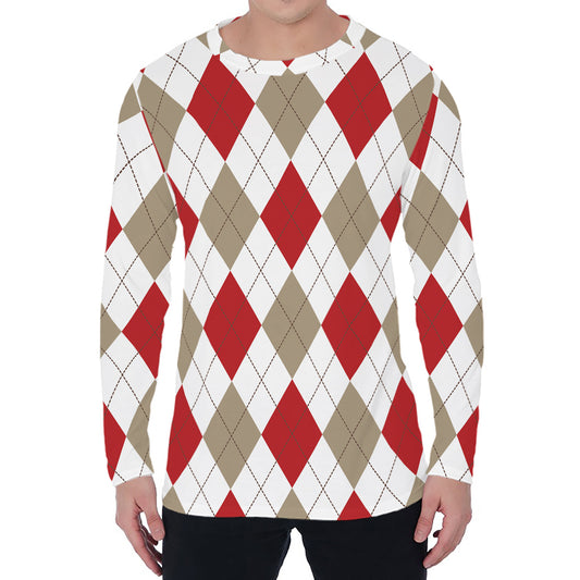 White Red And Beige Argyle Pattern Print Men's Long Sleeve T-Shirt