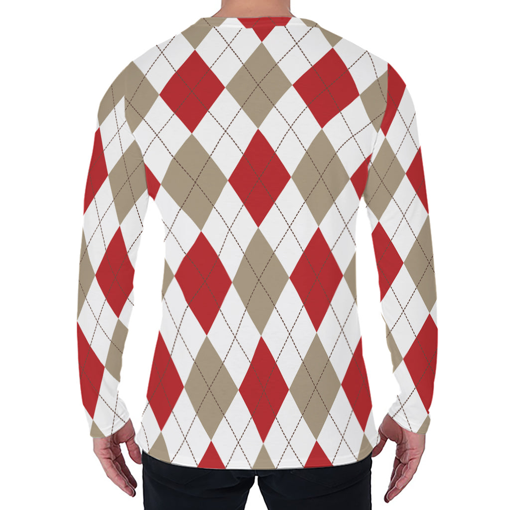 White Red And Beige Argyle Pattern Print Men's Long Sleeve T-Shirt