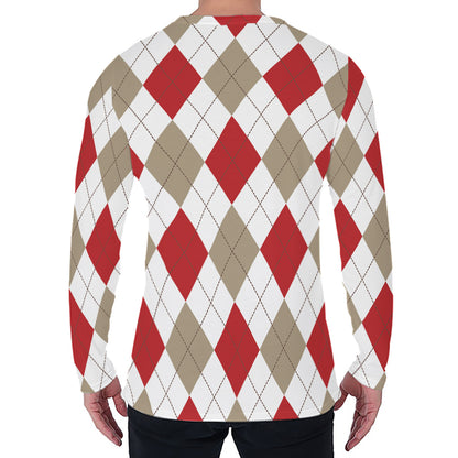 White Red And Beige Argyle Pattern Print Men's Long Sleeve T-Shirt