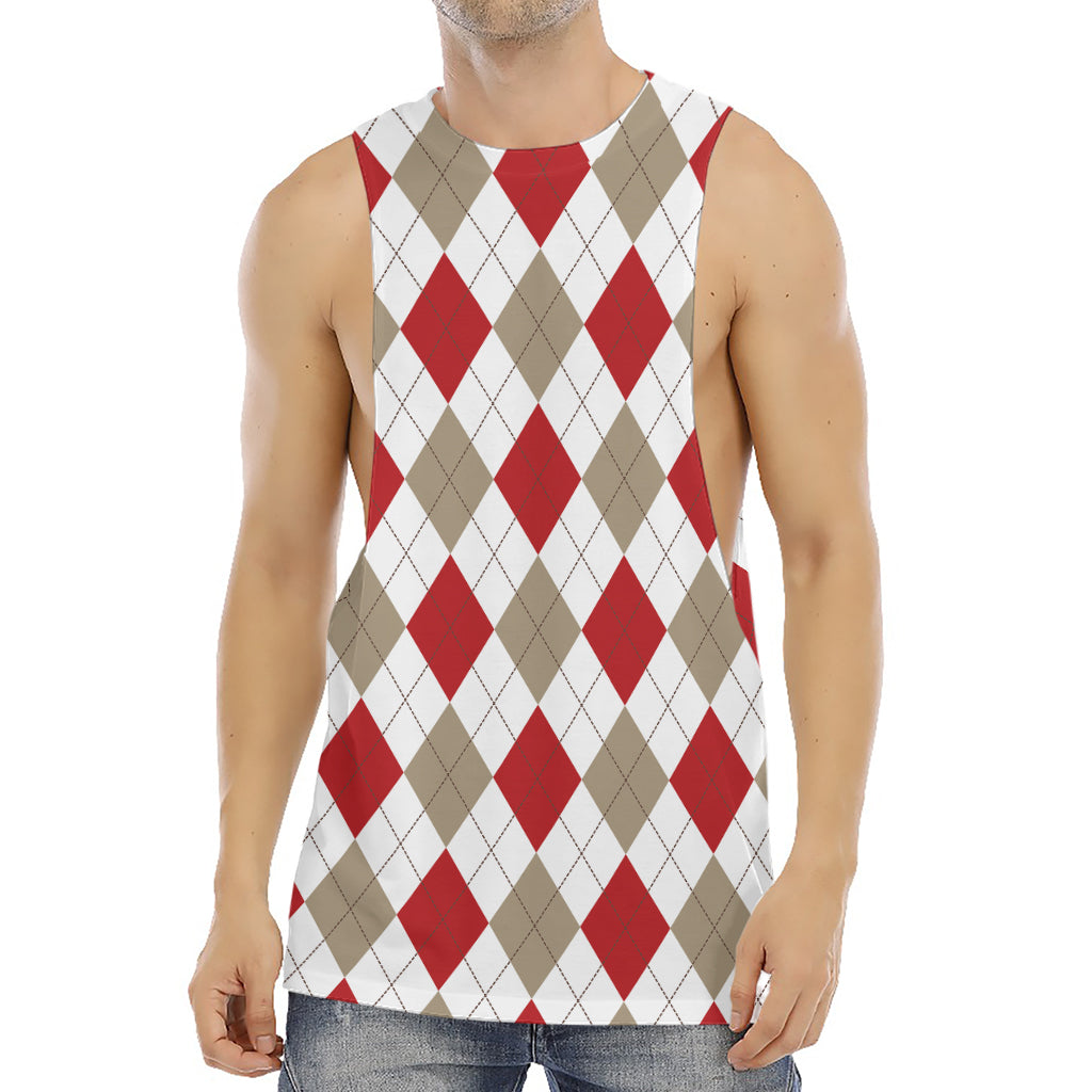 White Red And Beige Argyle Pattern Print Men's Muscle Tank Top