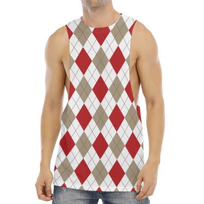 White Red And Beige Argyle Pattern Print Men's Muscle Tank Top