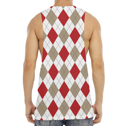 White Red And Beige Argyle Pattern Print Men's Muscle Tank Top