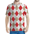 White Red And Beige Argyle Pattern Print Men's Polo Shirt