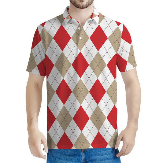 White Red And Beige Argyle Pattern Print Men's Polo Shirt