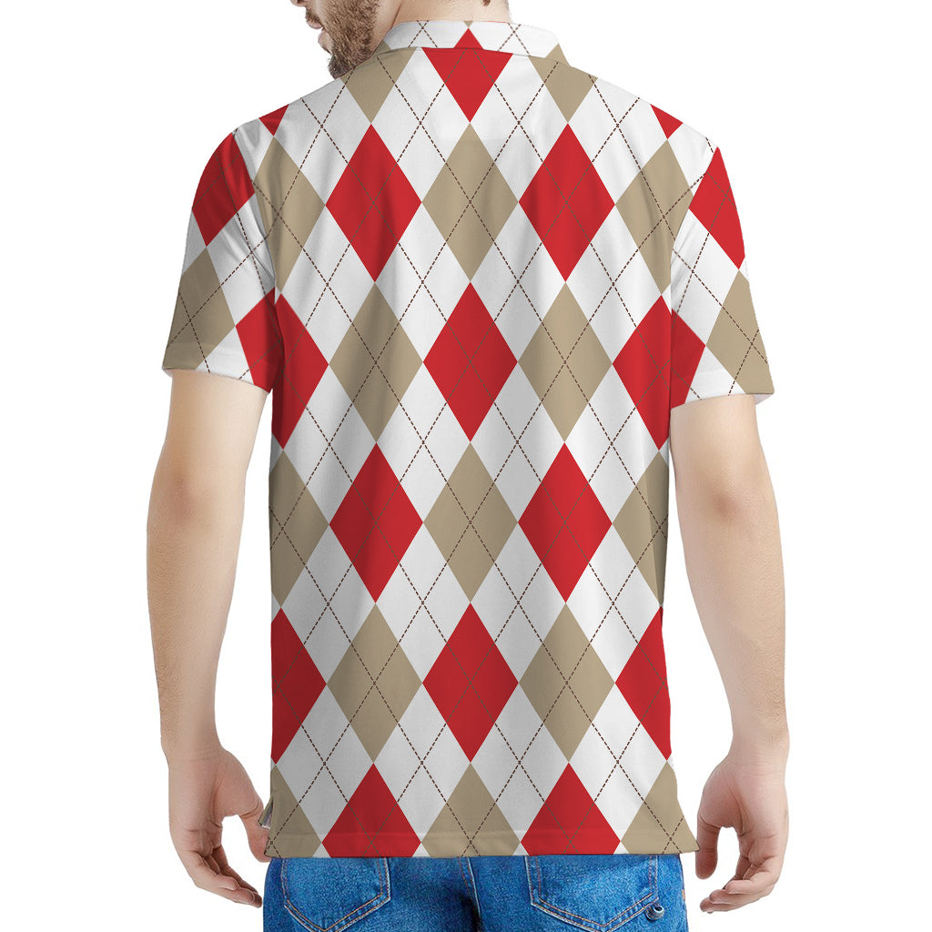 White Red And Beige Argyle Pattern Print Men's Polo Shirt