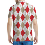 White Red And Beige Argyle Pattern Print Men's Polo Shirt