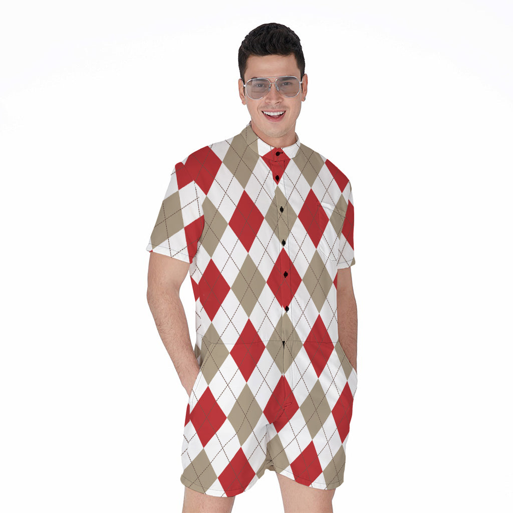 White Red And Beige Argyle Pattern Print Men's Rompers
