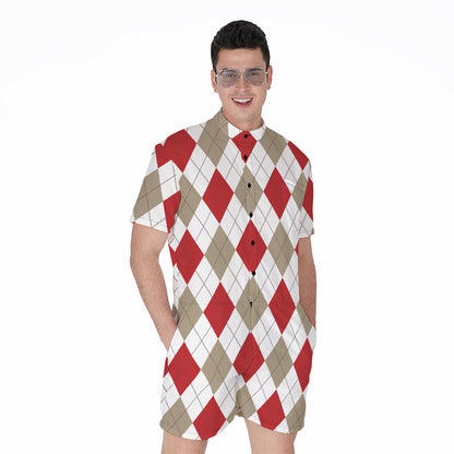 White Red And Beige Argyle Pattern Print Men's Rompers