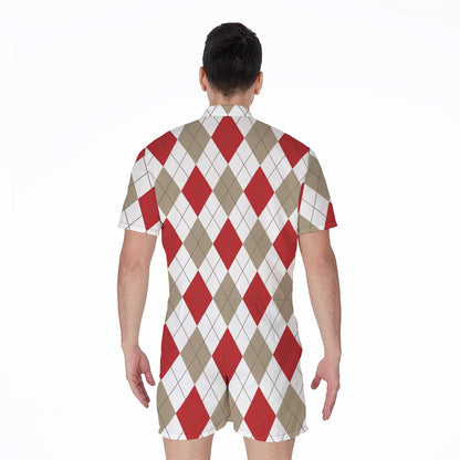 White Red And Beige Argyle Pattern Print Men's Rompers