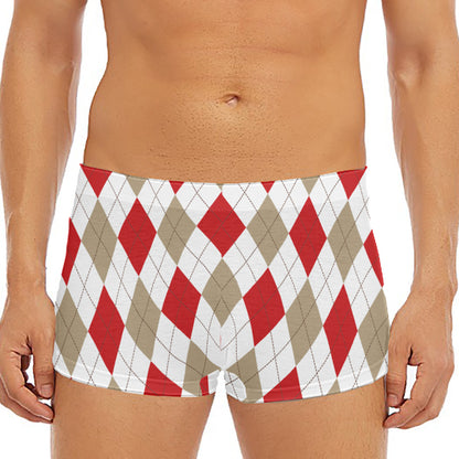 White Red And Beige Argyle Pattern Print Men's Short Boxer Briefs