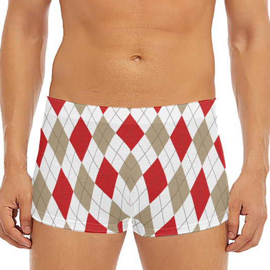 White Red And Beige Argyle Pattern Print Men's Short Boxer Briefs